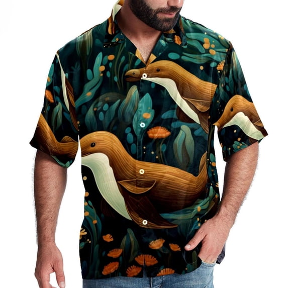 Platypus Men's Short Sleeve Poplin Shirt, Casual Printed Button Down Top for Summer Beach, Spread Collar Unisex Beach Shirt
