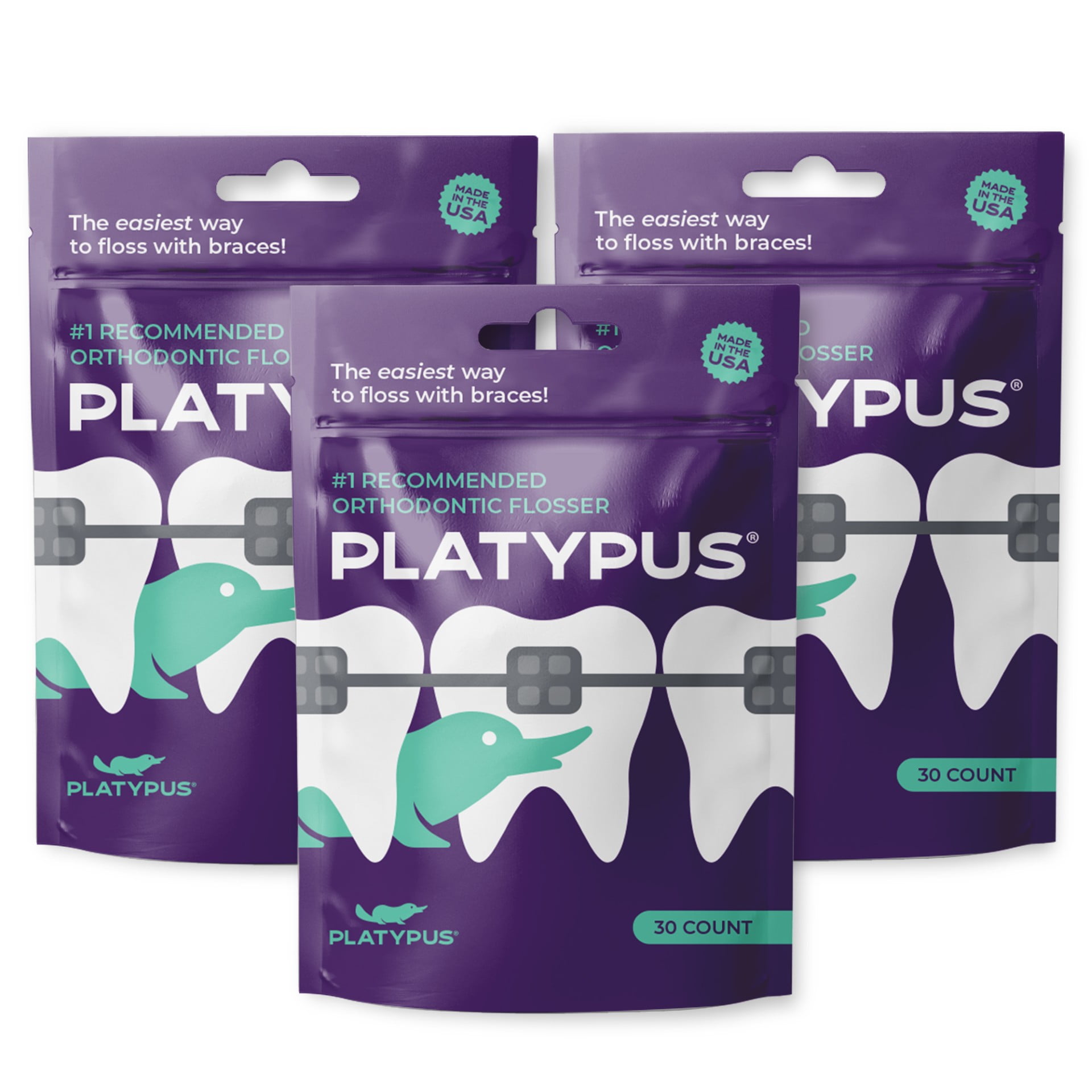 Platypus Orthodontic Flossers for Braces, Dental Floss Picks for Braces Fits Under Arch Wire, Will Not Damage Braces, Increase Flossing Compliance, Floss Teeth in Two Minutes, 30 Count (Pack of 3)