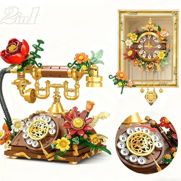Plaxsoon Retro Phone and Wall Clock Building Blocks Sets for Kids and Adults Aged 6+
