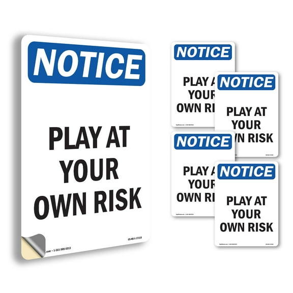 Play At Your Own Risk OSHA Notice Vinyl Decal Label 10 Inch x 7 Inch - 5 Pack