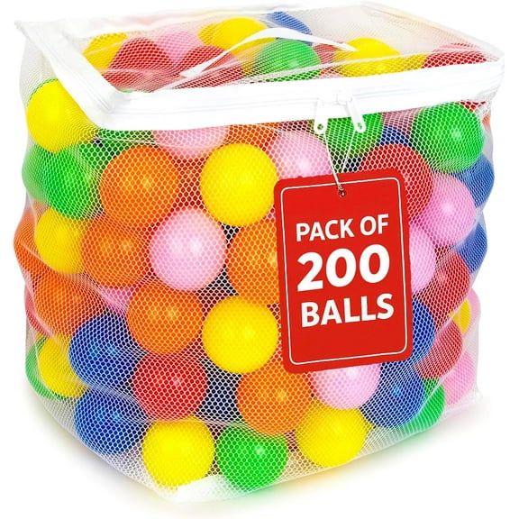 Play Balls for Ball Pit, Plastic Crush Proof, 200 Pack, Phthalate and BPA Free, Includes a Reusable Storage Bag with Zipper, Bright Colors, Gift for Toddlers and Kids.