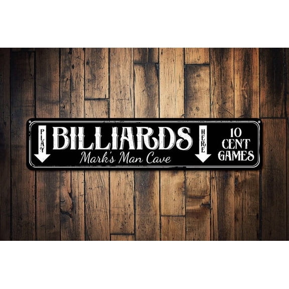 Play Billiards Here Sign Arrows Pool Expert Name Man Cave Gift Custom 10 Cent Games Metal Decor - Pool Decor - Size: 16 x 4 Inches