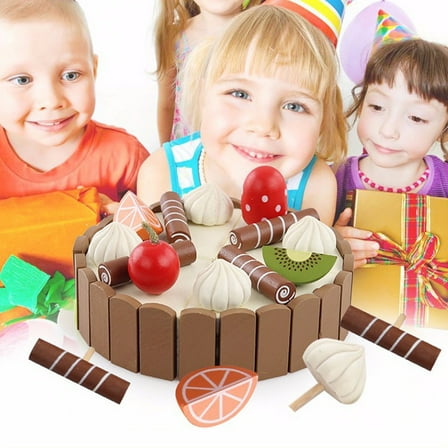 Wooden Play Birthday Cake Toy, 37-Piece DIY Pretend Food Set, Cutting Cake with Candles, Fun Gift for Kids, Toddlers, Girls, Boys, Role Play, Party Favors