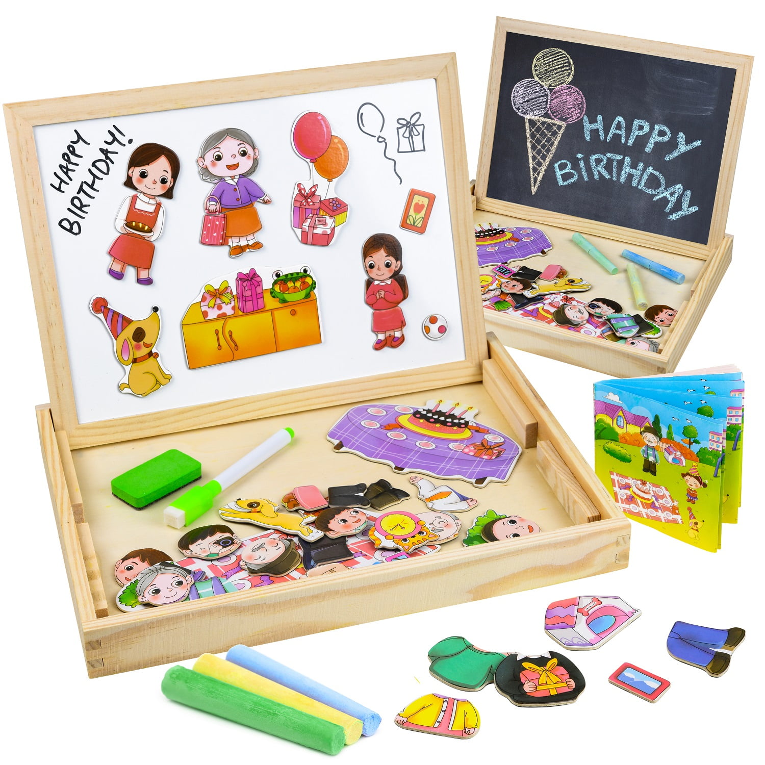 Play Brainy Educational Magnet and Dry Erase Board with 47 Interactive Wood Characters, Ages 3 and up