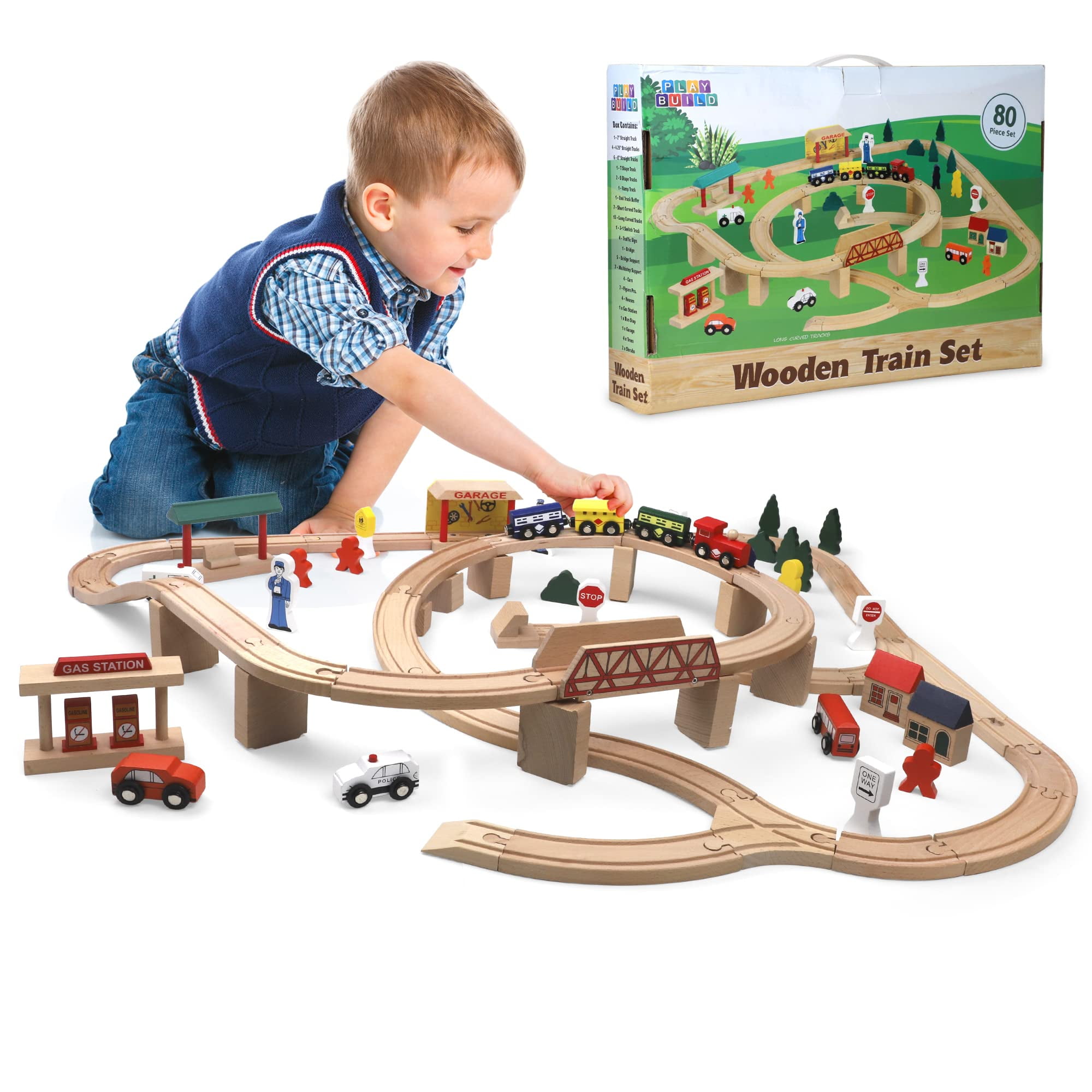 Double Tower Track Set Magnetic Train Toy Car Wooden Rail Car Package  Children's Assembly Building Blocks Educational Toys Boys