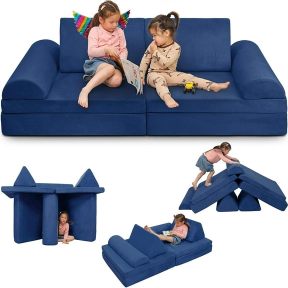 Play Couch Sofa for Kids Large Size, Modular Kids Play Couch, Kids Couch Building Fort for Playroom Bedroom, Children Convertible Foam Cushion Couch for Boys and Girls, Blue