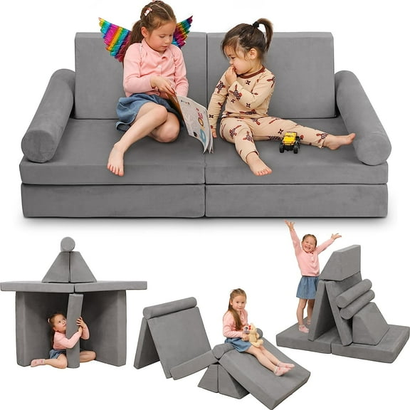 Play Couch Sofa for Kids Medium Size, Modular Kids Play Couch, Kids Couch Building Fort for Playroom, Children Convertible Foam Cushion for Boys and Girls (Round Armrest, Grey)