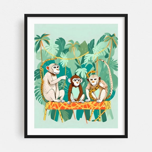 Play Date - India Digital Art Jungle Tropical Animal Wildlife Whimsical Nature Humor Black Framed Wall Art Print 6 x 8 inches