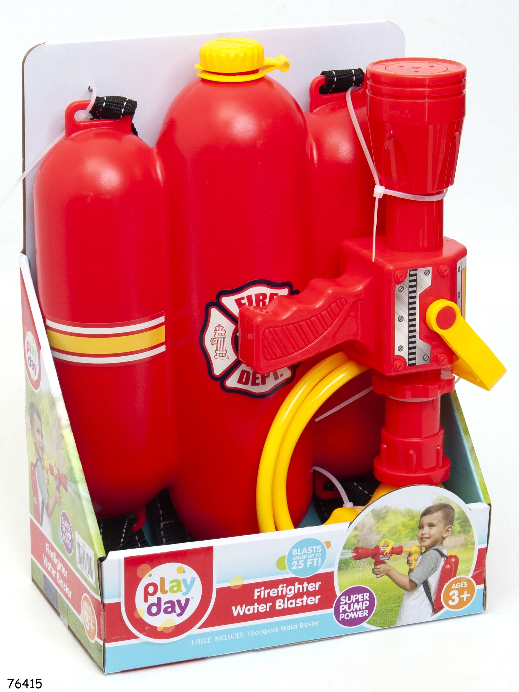 Play Day Firefighter Backpack Water Blaster  Firehose Role Play Toy for Outdoor Fun  Ages 3+