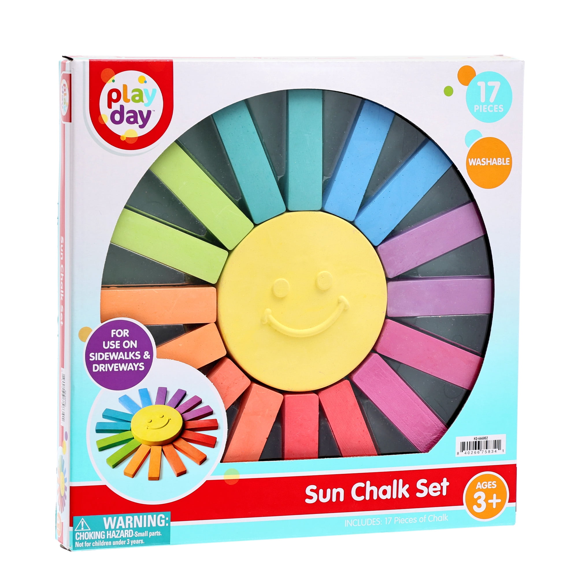 Play Day Sun Chalk Set, Multi-Color, Washable, Ages 3+, 17 Pieces