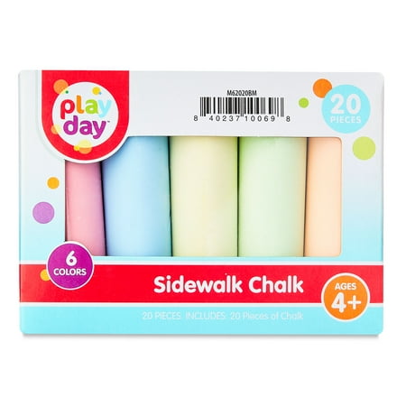 Play Day Washable Sidewalk Chalk, 20 Pieces, Assorted Colors.