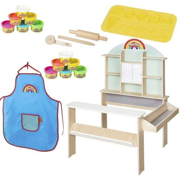Play-Doh: All-Inclusive Shop - Wooden Creative Shop Stand Set, (12) 1oz Playdoh Containers of Play-Doh, 3pc Wooden Tools, 3D Silicone Mat, Kids Age 3+