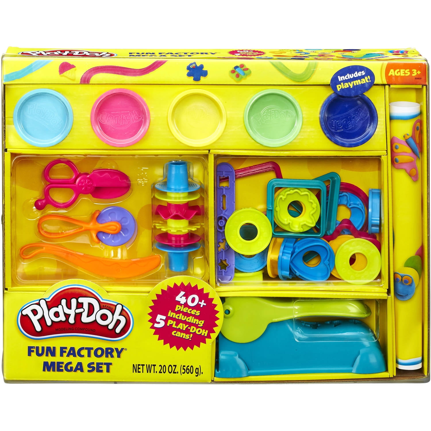 PLAY DOH play set rollers,scissors,knife,cookie cutters, 2 cans of doh