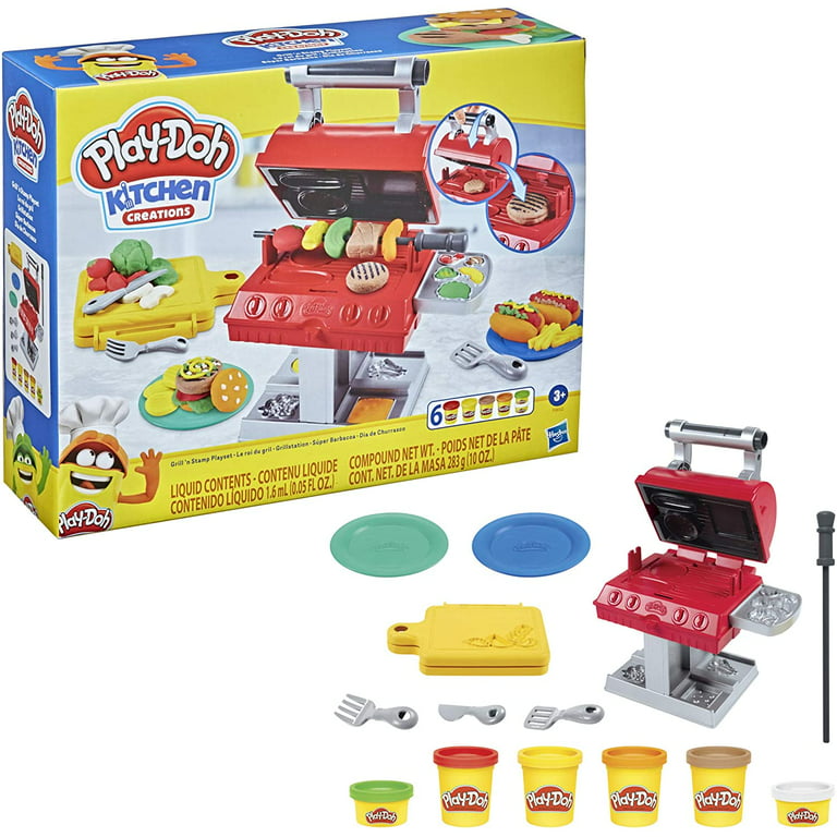 Play-Doh Kitchen Creations Grill 'n Stamp Playset for Kids 3 Years and Up with 6 Non-Toxic Modeling Compound Colors and 7 Barbecue Toy Accessories