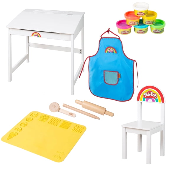 Play-Doh: School Desk & Chair Collection - Wooden Seating Station Playset, (6) 1oz Play-Doh Containers, Apron & Wooden Tools, 3D Silicone Mat, Kids 3+