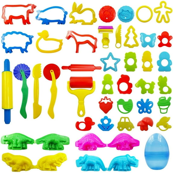 Play Dough Tools Set for Kids, Various Plastic Animal Molds, Clay Rolling Pins, for Creative Dough Cutting, 44 Pieces