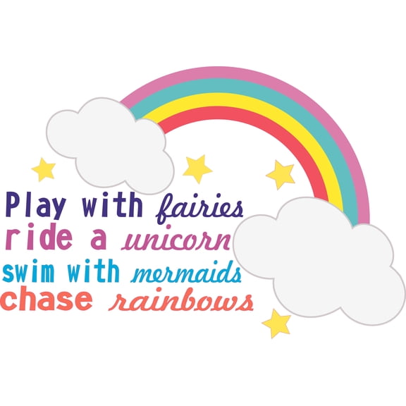 Play With Fairies Ride A Unicorn Swim With Mermaids Chase Rainbows | 13" x 20" Adhesive Home Art Decor Rainbow And Unicorn Wall Decal Quotes Sticker - Vinyl Kids Bedroom Living Room Art Decoration