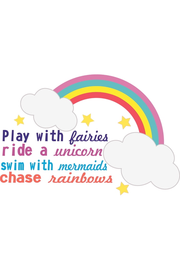 Play With Fairies Ride A Unicorn Swim With Mermaids Chase Rainbows | 13" x 20" Adhesive Home Art Decor Rainbow And Unicorn Wall Decal Quotes Sticker - Vinyl Kids Bedroom Living Room Art Decoration