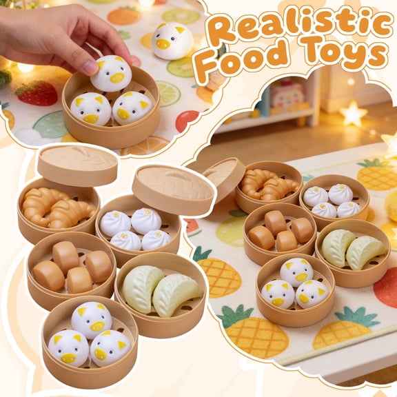 Play Food 22 pcs Pretend Play Toy Set Steamer Buns Chinese Breakfast Toy for Kids Food Kitchen Set Cooking Dish Asia Tea Time Birthday