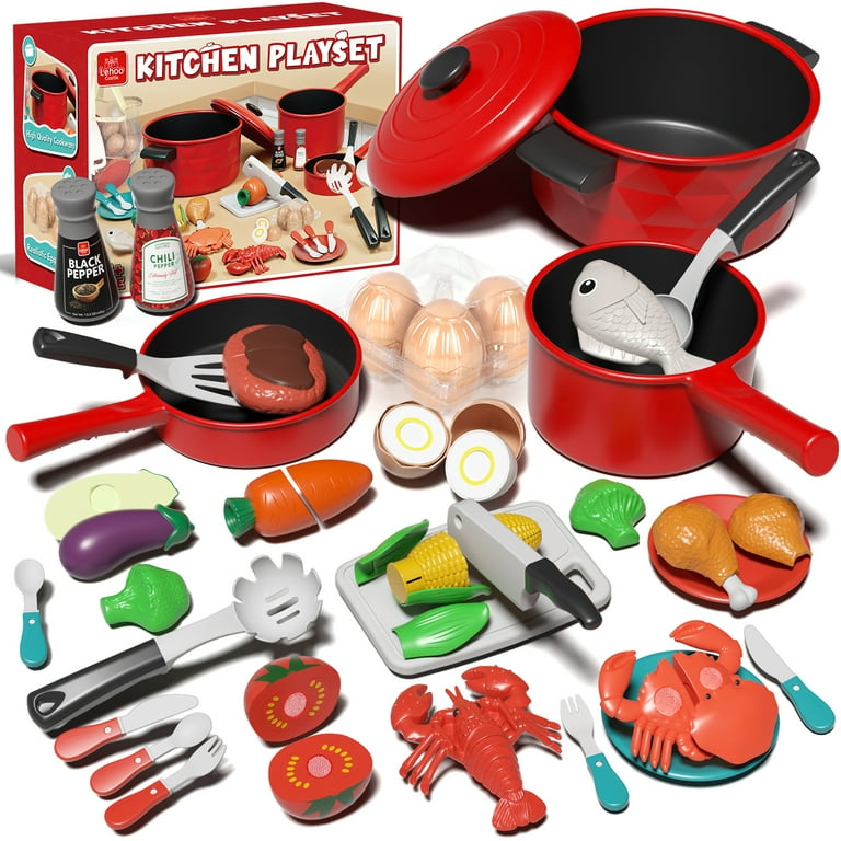 Pretend Play Toy Kitchen Dishes Play Food 34 Pcs, Kitchen Set For