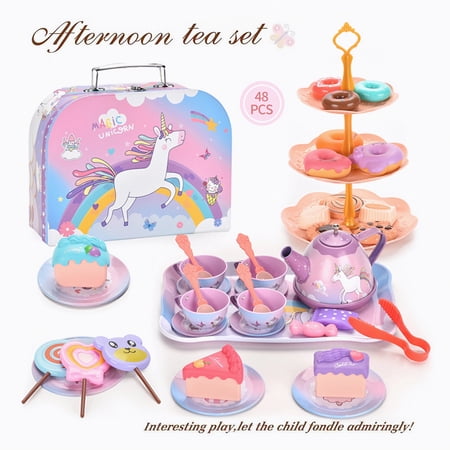 Kid Tea Set, 48Pcs Princess Pretend Play Toy Unicorn Tea Party Set for Girls, Pretend Toy Tin Tea Set & Carrying Case for Kids Toddlers 3 4 5 6, Birthday Gifts for Girls