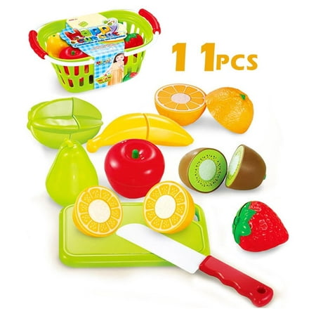 Play Food Set Multicolor Mundo Toys 11 Pcs Plastic Cutting Fruits Vegetables w/Basket