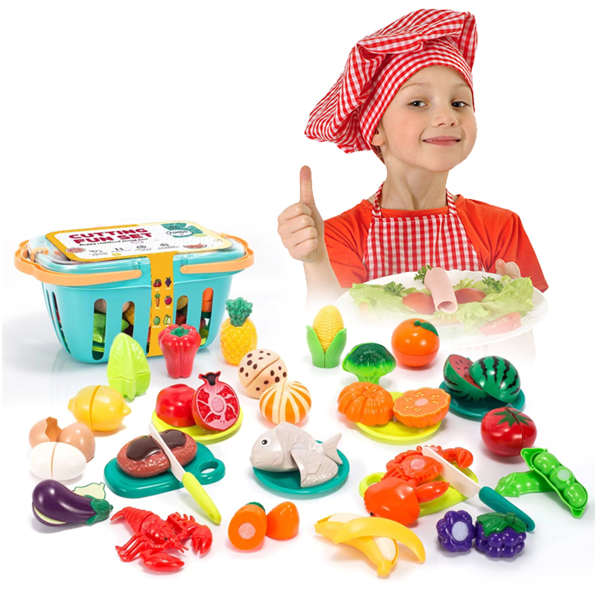 Cutting Play Food Set for Kids with Basket Kitchen Toys for Boys and Girls Ages 3+ 62 Pcs by Mundo Toys