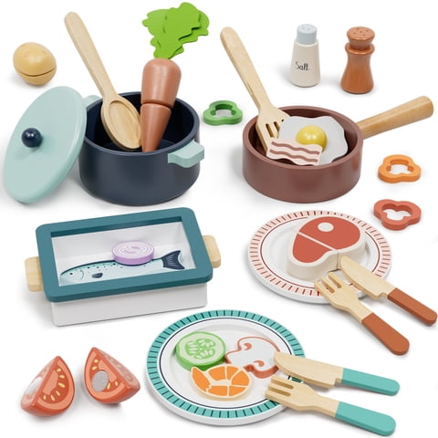 Play Food Sets, Wooden Play Food Set for Kids Kitchen Play Kitchen Accessories Kids Cutting Pretend Play Fake Food Toys for 3 4 5 6 7 Years Girls Boys Toddlers Educational Toys