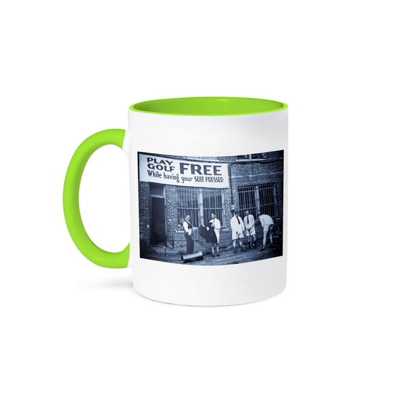 3dRose, Play Golf Free While Having Your Suit Pressed Cyan tone, 11oz Two-Tone Green Mug