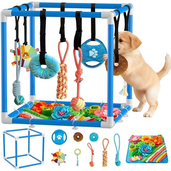 Play Gym for Small Dogs with PVC Frame, 10 Hanging Toys & Stretchy Ropes for Indoor Enrichment Activity