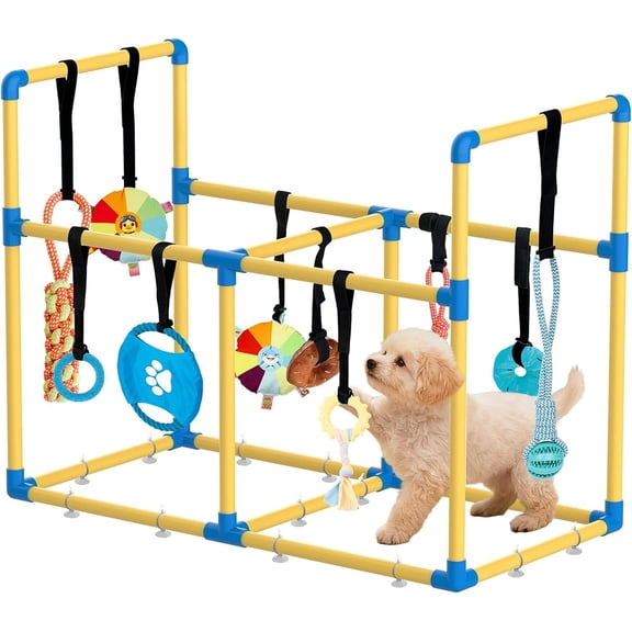 Play Gym for Small Dogs with PVC Frame, 10 Hanging Toys & Stretchy Ropes for Indoor Enrichment Activity