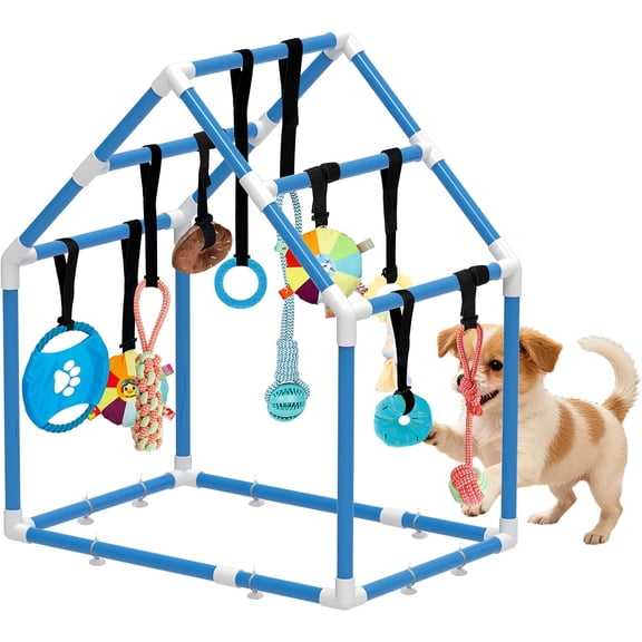 Play Gym for Small Dogs with PVC Frame, 10 Hanging Toys & Stretchy Ropes for Indoor Enrichment Activity