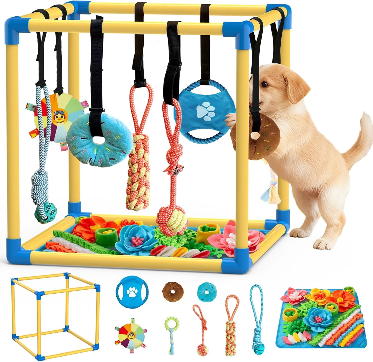 Play Gym for Small Dogs with PVC Frame, 10 Hanging Toys & Stretchy Ropes for Indoor Enrichment Activity