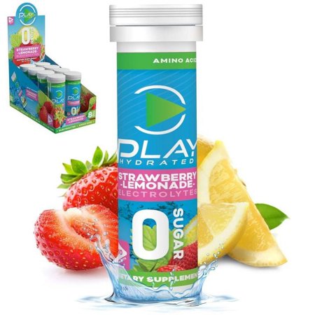 Play Hydrated Sports Hydration Tablets with ZERO SUGAR (Strawberry Lemonade, 80 Tablets) – Includes 8 Tubes With 10 Tablets Per Tube – Each Tablet Delivers Electrolytes, Energy, and Muscle Recovery