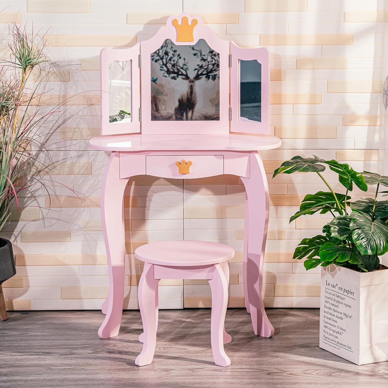 Play Kids Vanity Set with Mirror and Stool,Kids Wooden Play Vanity Set