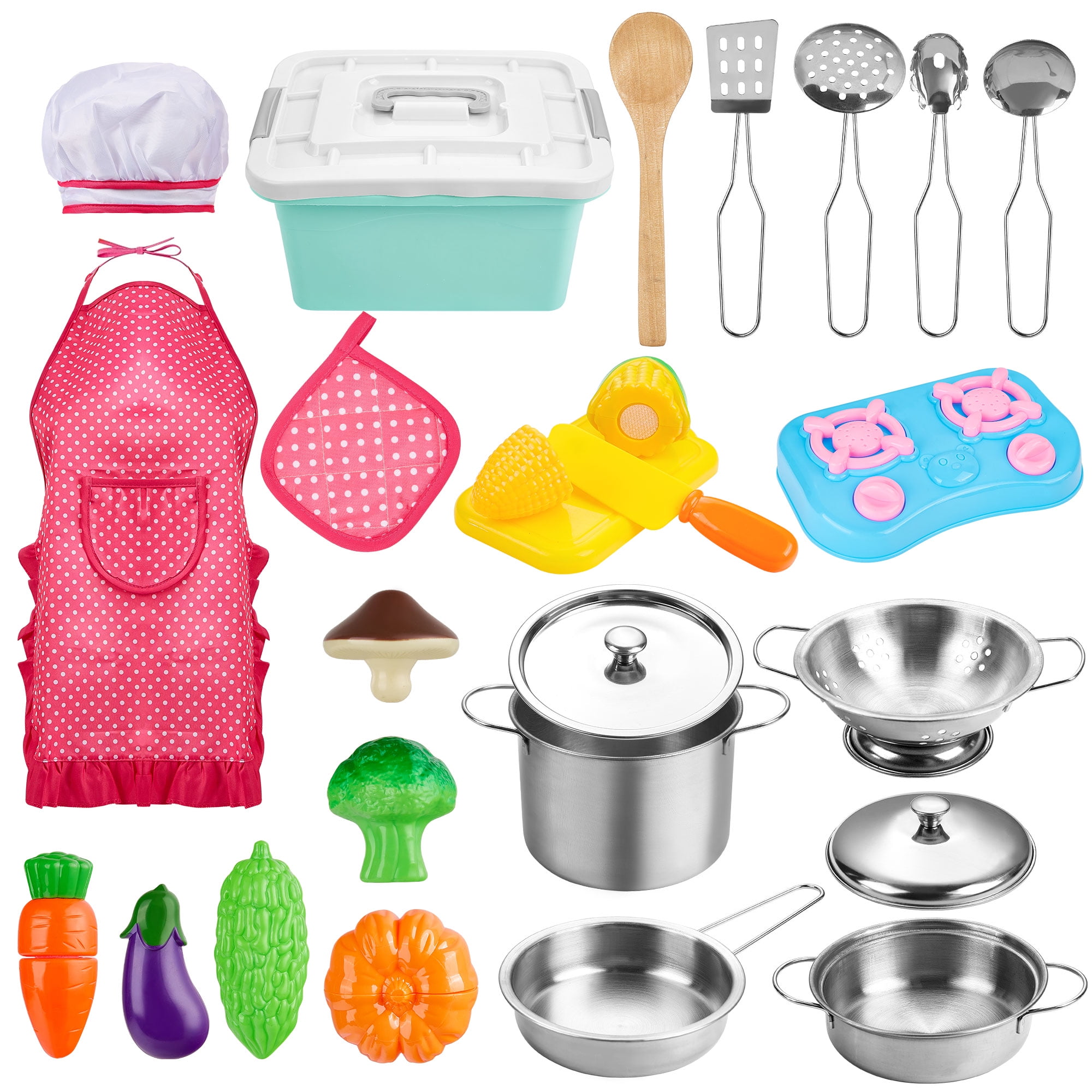  FUNERICA Toddler Kitchen Accessories Playset with Cutting Food  Vegetables and Stainless-Steel Play Pots - Pretend Kids Cooking Utensils -  Apron & Chef Hat - Toy Knife & Cutting Board for Girls