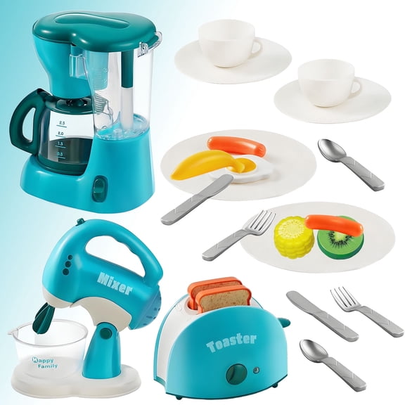 Syenll Pretend Play Kitchen Accessories, 24 Pcs Kids Kitchen Playset with Coffee Maker, Mixer, Toaster, Learning Gift for Kids Ages 3+, Blue