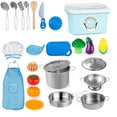 thumbnail image 1 of Play Kitchen Accessories, Wooden Play Food, Cooking Set with Stainless Steel Cookware Pots and Pans Utensils, Apron, Chef Hat, ​Cutting Food Kitchen Playset for Girls and Boys, 1 of 7
