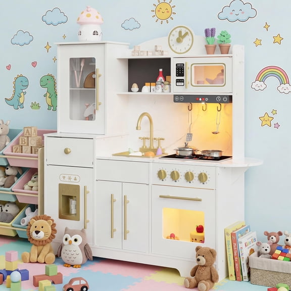 Play Kitchen for Kids Featuring Wooden Kids Play Kitchen Playset Chef Pretend Play Set for Toddlers with Real Lights & Sounds, Toys Kitchen Toy Food & Cookware Accessories