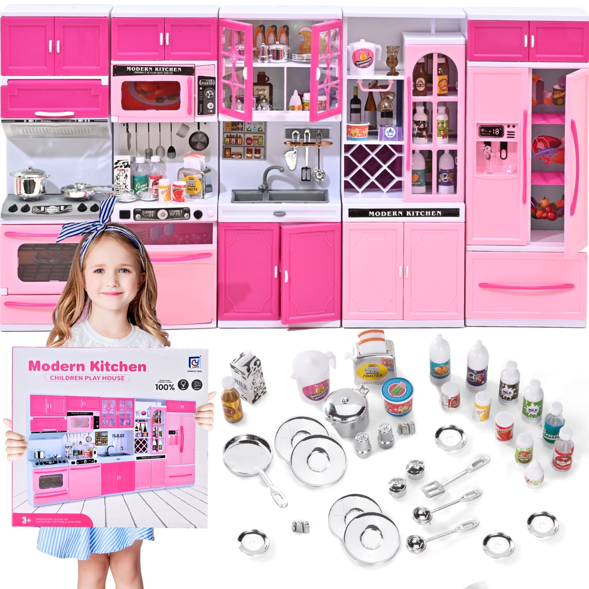 Play Kitchen Set - 5 in 1 Kids Kitchen Play Set with Cooking Toys \u0026 Play Food, Mini Pink Kitchen for Girls 3-8