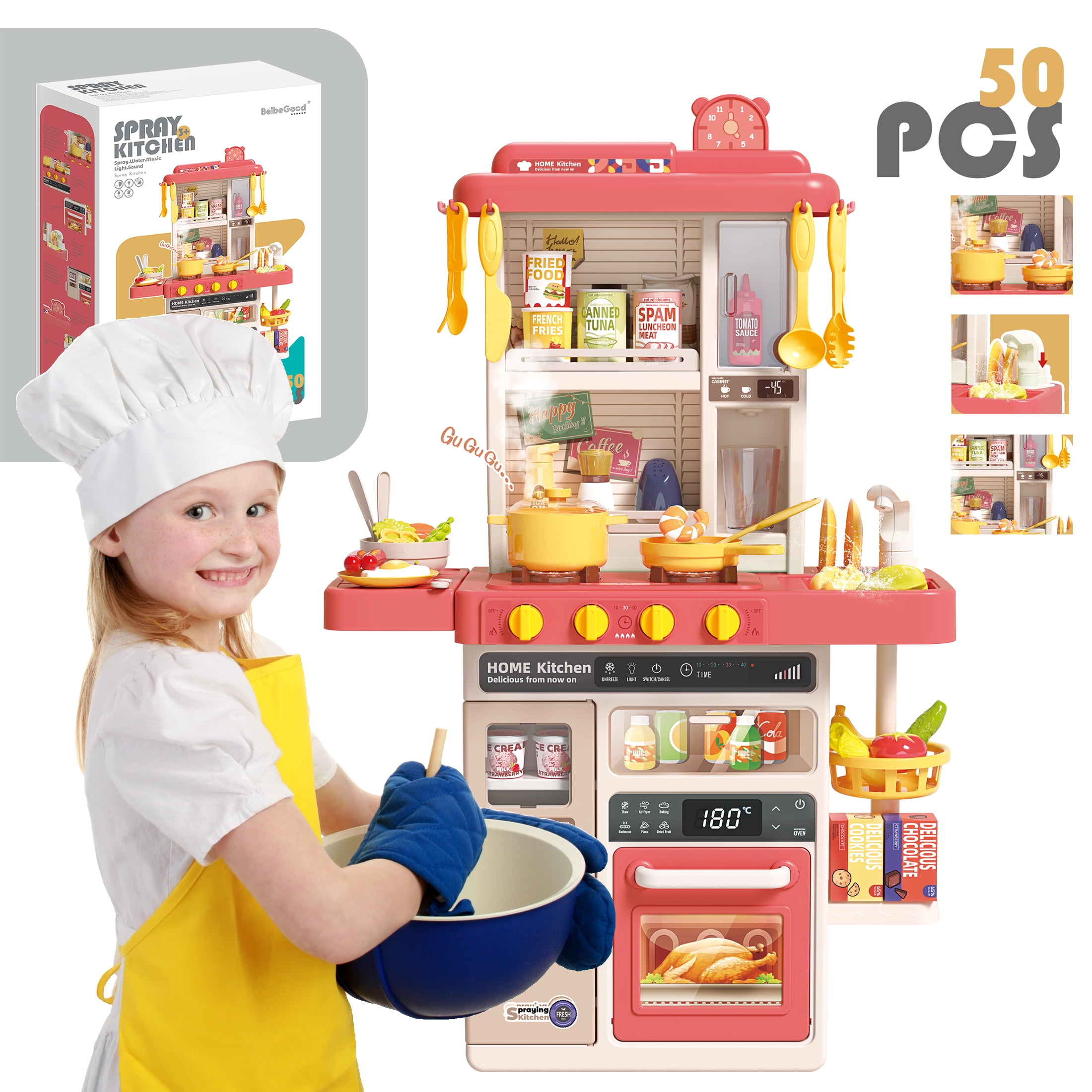 Interactive Pink and Yellow Kids Kitchen Play Set with Accessories