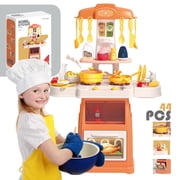 Koppop Kids Kitchen Playset 44pcs - with Sound, Light & Steam Effects, Pretend Play Toys Includes Food, Sink & Stove, Ideal for Boys & Girls Ages 3-6 (Orange).