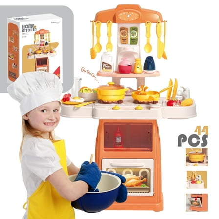 Koppop Kids Kitchen Playset 44pcs - with Sound, Light & Steam Effects, Pretend Play Toys Includes Food, Sink & Stove, Ideal for Boys & Girls Ages 3-6 (Orange).