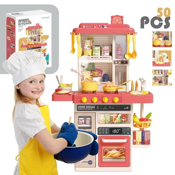 KOPPOP Kids Kitchen Playset with Light & Sound, Toy Kitchen Set for Toddlers with Steam Sprayer & Sink, Learning Pretend Play Toys for Boys & Girls Ages 3-6 (Red)
