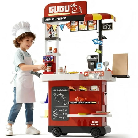 Vebreda Play Kitchen for Kids 40.2 inch Tall 82PCS Toddler Kitchen Playset with Cash Register Coffee Maker and Color Changing Play Food, Red