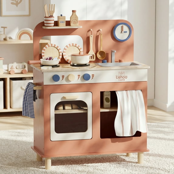 Play Kitchen, Kids Wooden Kitchen Play Set with Cutting Play Food, Pretend Play Stove + Play Sink + Oven, Toy Kitchen Set for 2 3 4 Years Old Girls Boys, Best Birthday Christmas Gifts