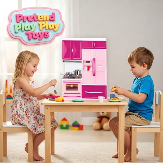 Play Kitchen Pretend Play Toys, Toddler Kids Refrigerator Cooking Playset,Preschool Educational Learning Toy, Imaginative Role Play Chef Kit with Realistic Cookware Accessories for Boys Girls Ages 3+