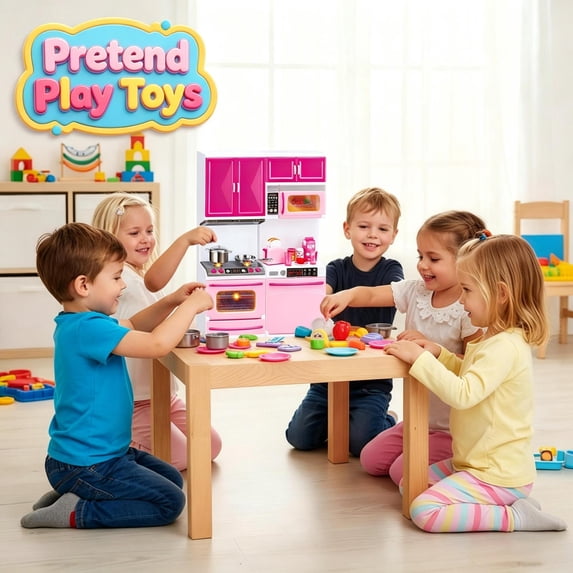 Play Kitchen Pretend Play Toys, Toddler Kids Refrigerator Cooking Playset,Preschool Educational Learning Toy, Imaginative Role Play Chef Kit with Realistic Cookware Accessories for Boys Girls Ages 3+