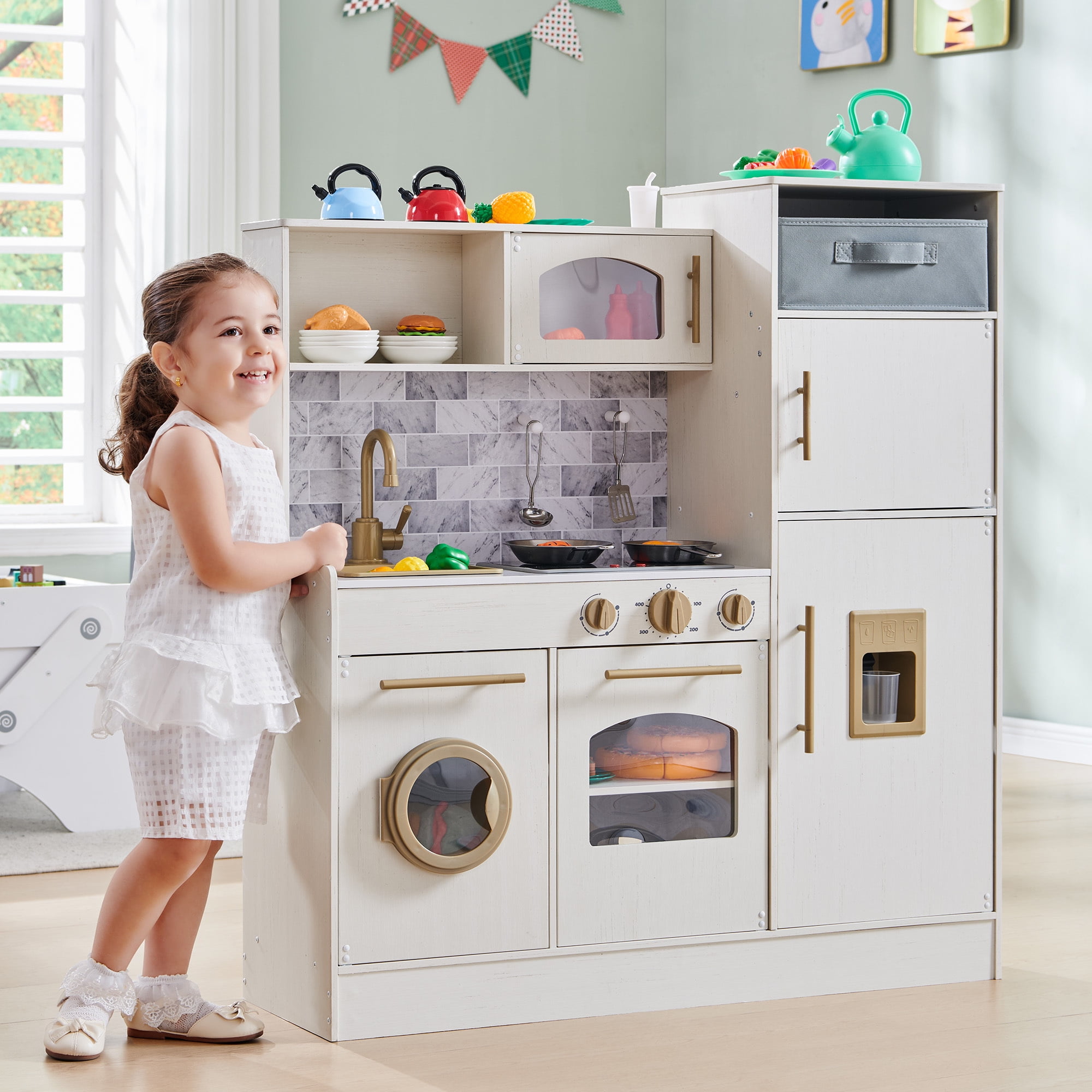 Play Kitchen Set for Kids, Wooden Kids Kitchen Playset w/Realistic Lights and Sounds, Kitchen Set for Toddler with Storage Box, Ice Maker, Oven and 11 Accessories, Toddler and Preschool Toys