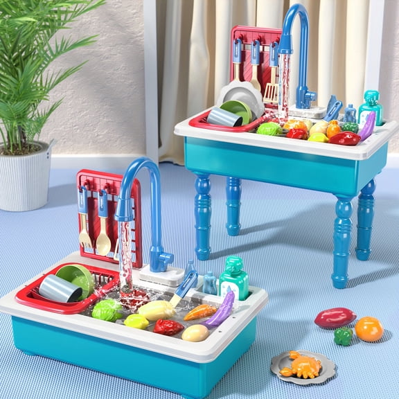 Pretend Play Kitchen Sink Toyset with Running Water, Blue, Dishwasher and Upgraded Automatic Water Cycle System, Outdoor Indoor Playset for Girls Kids